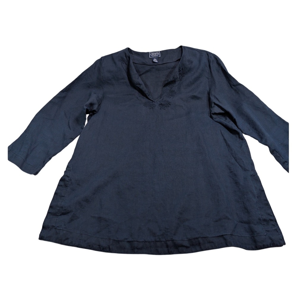 Chaps Womens Embroidered Linen Tunic Top XL Navy Blue